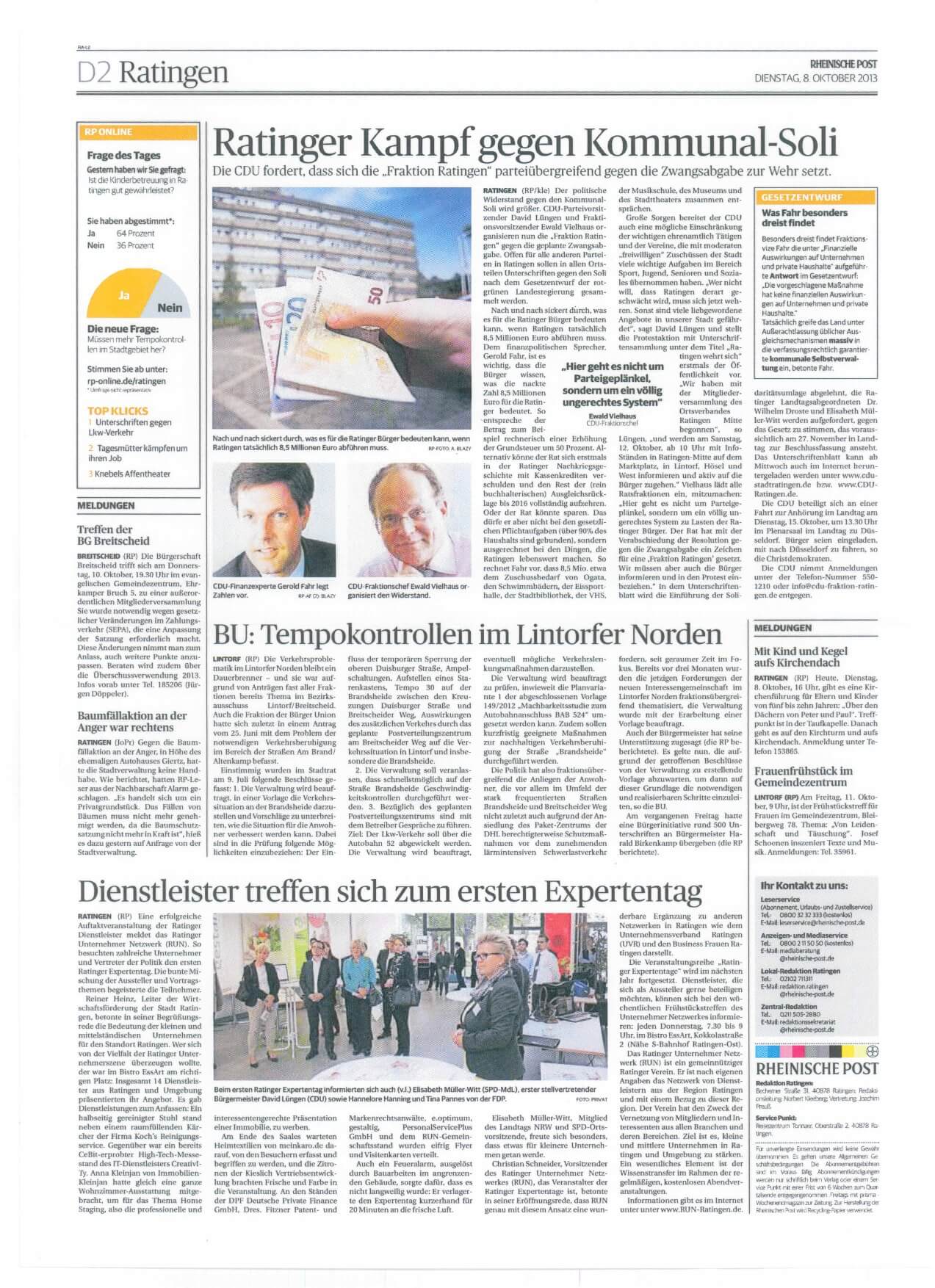 Rheinische Post 8/10/2013: Dienstleister treffen sich zum ersten Expertentag