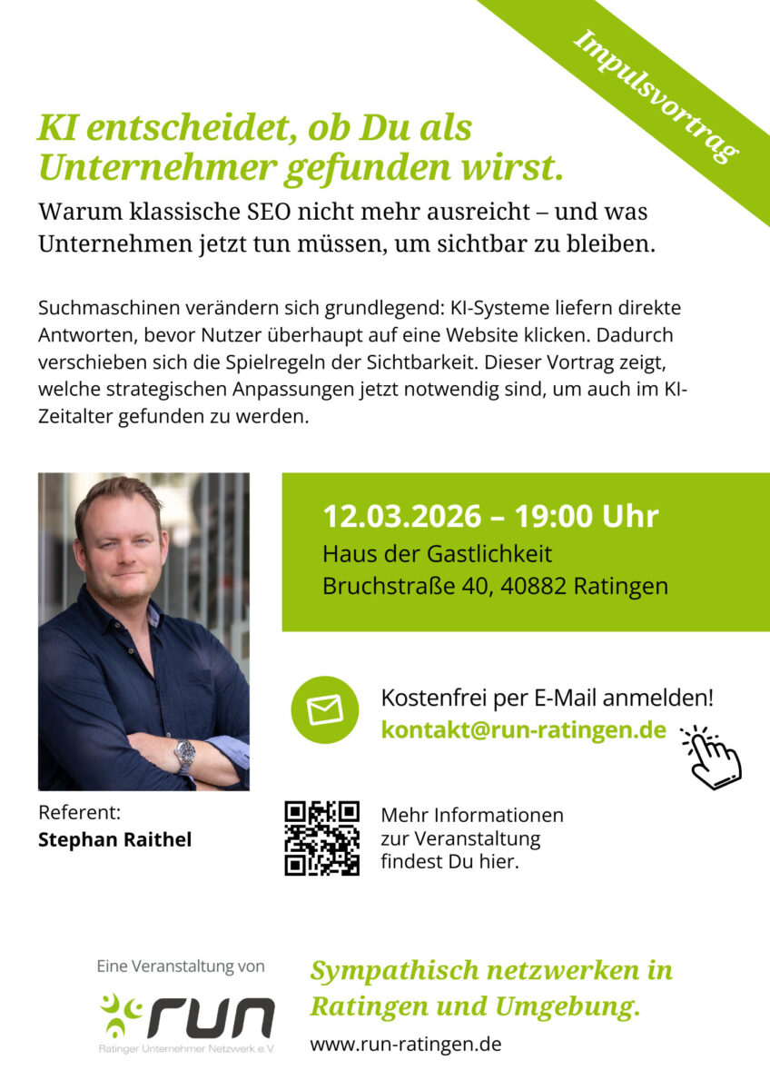 Poster zur Veranstaltung KI entscheidet, ob Du als Unternehmer gefunden wirst mit Stephan Raithel als Referent.